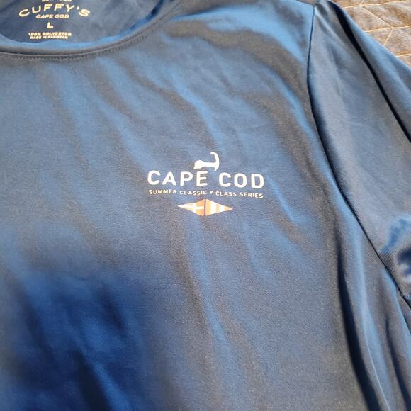 Cuffy's Unisex Size L Long Sleeve Polyester Silky Logo T-Shirt FITTED Blue FLAWS - Picture 4 of 9